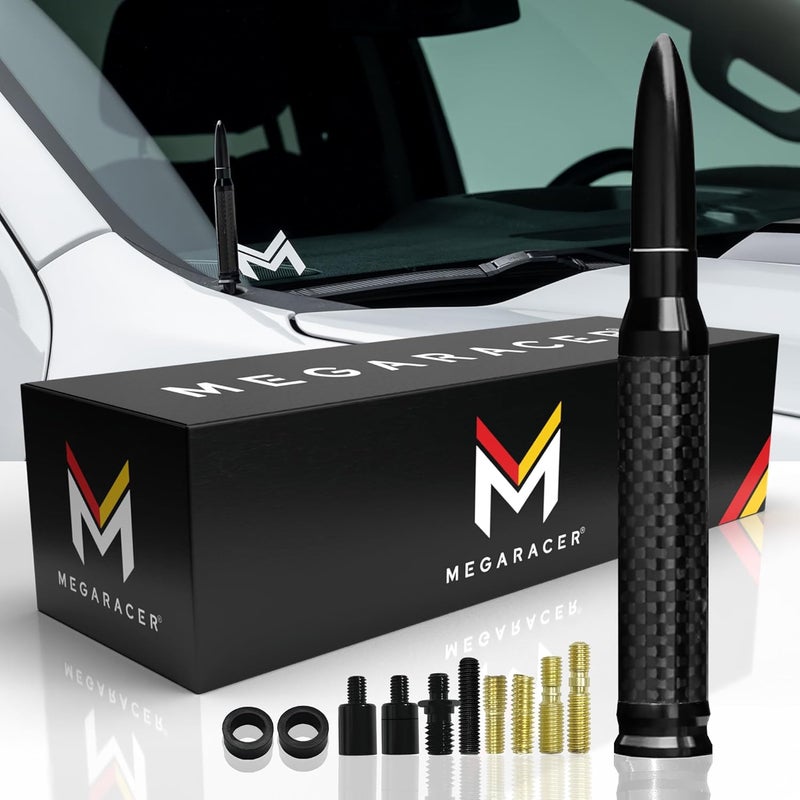 Mega Racer 50 Cal Bullet Antenna - Black Carbon Fiber 5.5 Inch AM/FM Compatible Universal Fit for Truck, Solid Aluminum with Anti-Theft Design and Car Wash Safe - Image 1